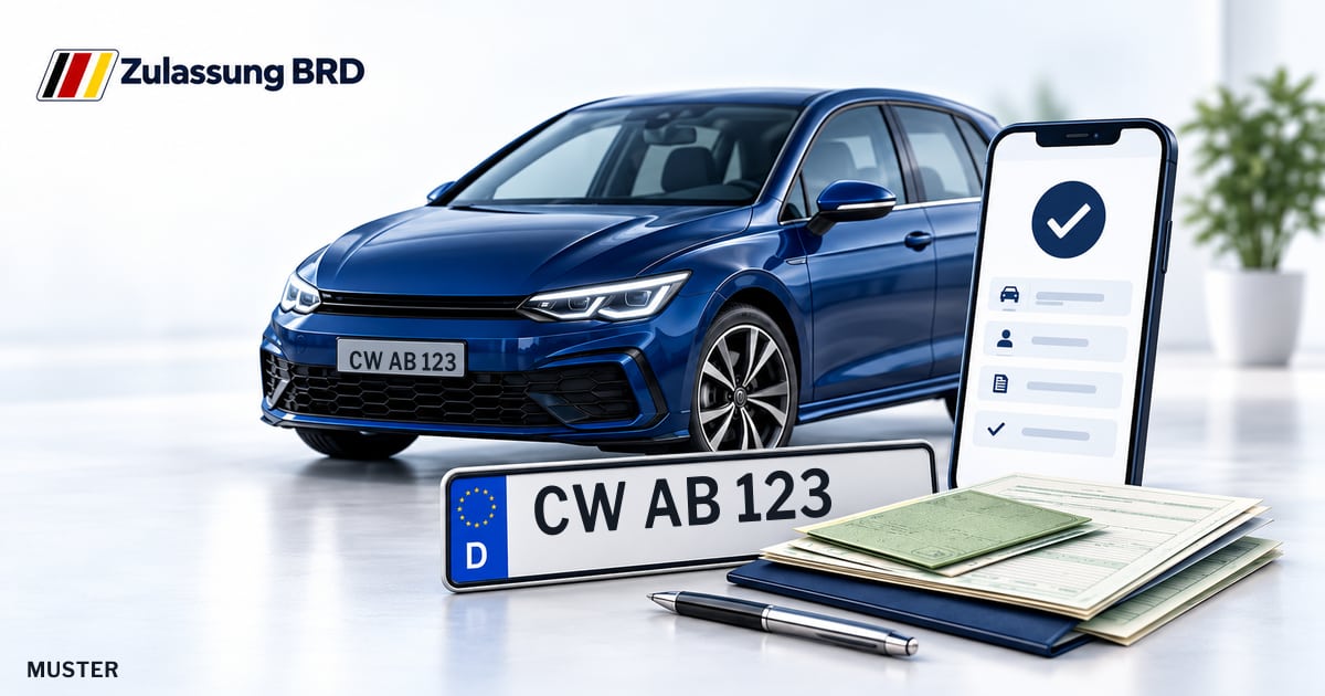 Online Fahrzeugzulassung in Landkreis Calw: Musterkennzeichen CW AB 123, Auto und Fahrzeugpapiere und Smartphone. Illustration mit Logo von Zulassung BRD.